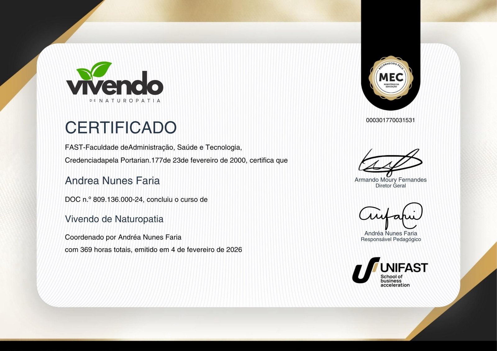 Certificado Vivendo de Naturopatia — Reconhecido pelo MEC